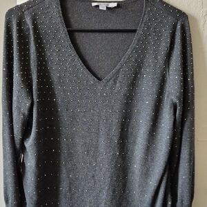 Chico's Charcoal V-Neck Sweater with Stud Accents